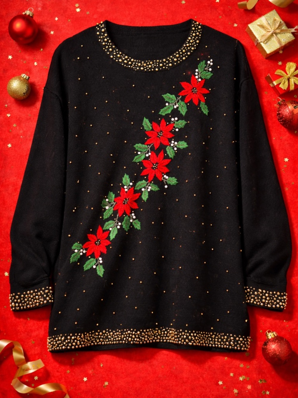 Black Christmas Sweater Poinsettia Beaded Holiday Pullover size 2X - Picture 2 of 7